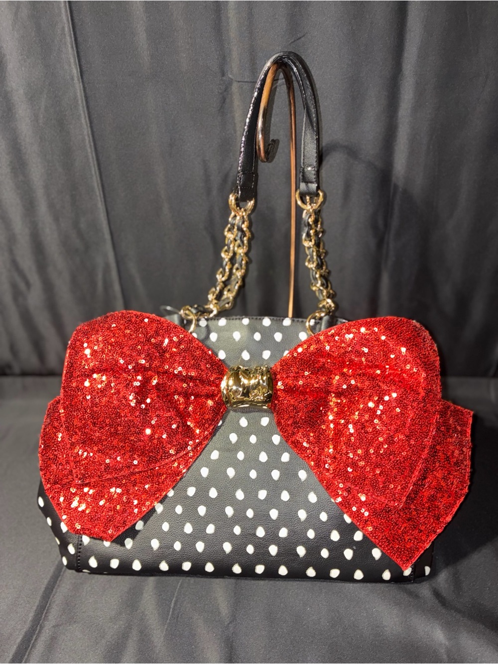 New Betsey Johnson Black Polka Dot Satchel with Red Sequin Bow